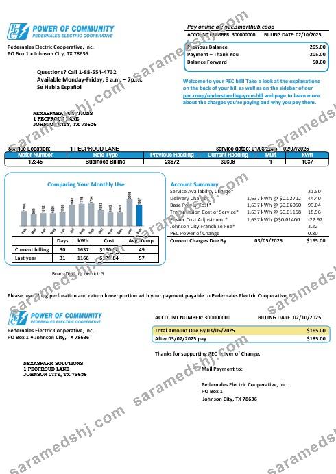 USA Texas Power of Community electricity business utility bill in Word and PDF formats, good for address prove